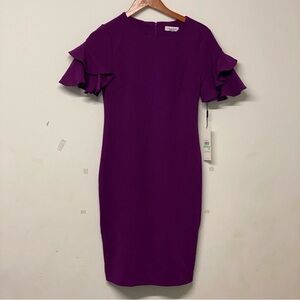 Calvin Klein Flutter Sleeve Scuba Crepe Sheath Dress Office Work Career Purple 8